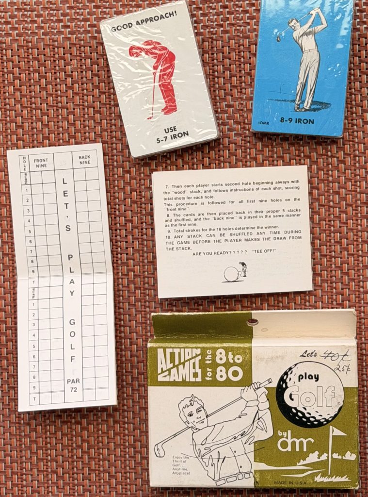 Let's Play Golf instructions, tuck box, cards and score sheet.