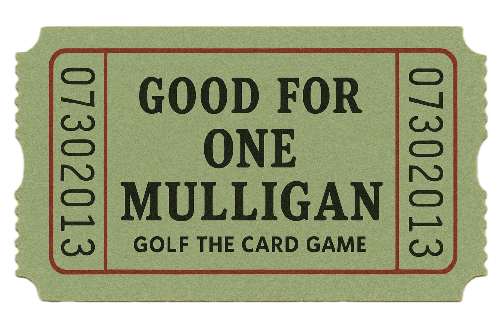 A green ticket shape with Good for one Mulligan  Golf the Card Game written on it with vertical serial numbers