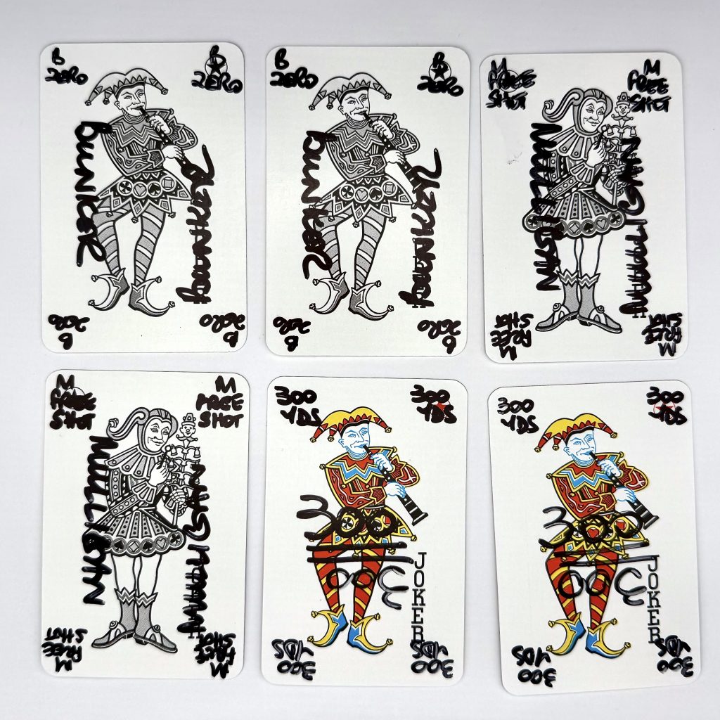 August The Golf Card Game joker cards written on with sharpie marker.