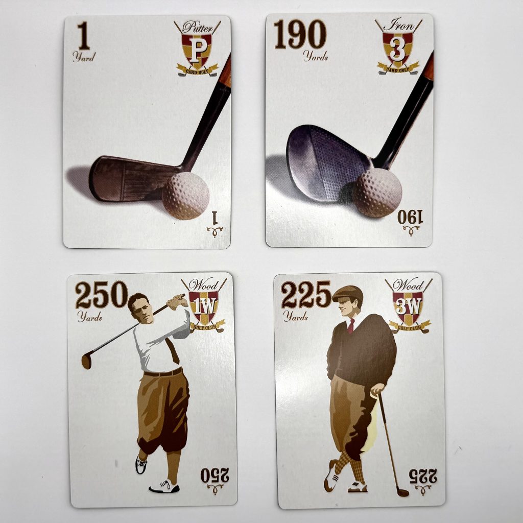 Four Card Golf club cards showing yardages: Putter 1, 3-Iron 190, 3-Wood 225, 1-Wood 250